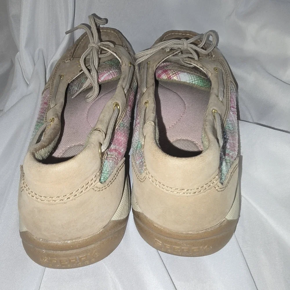 Sperry Top-Sider Boat Shoes sz 9 M Natural Tan Leather Pink Sequin Plaid